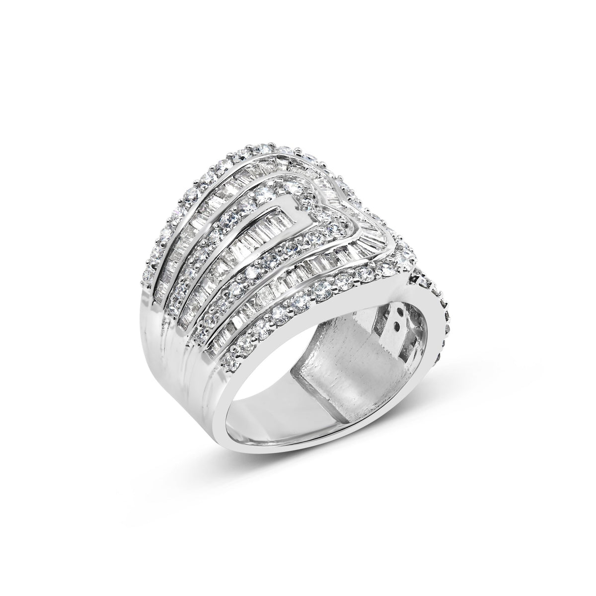 10K White Gold 2 1/2 Cttw Round and Baguette-Cut Diamond Multi-Row Bypass Ring (J-K Color, I2-I3 Clarity) - Ring Size 7 - LinkagejewelrydesignLinkagejewelrydesign