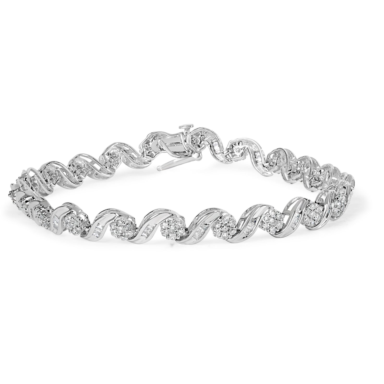 10K White Gold 2.00 Cttw Round-Cut and Baguette-Cut Diamond Floral Design Swirl Link 7" Bracelet (I-J Color, I1-I2 Clarity) - LinkagejewelrydesignLinkagejewelrydesign