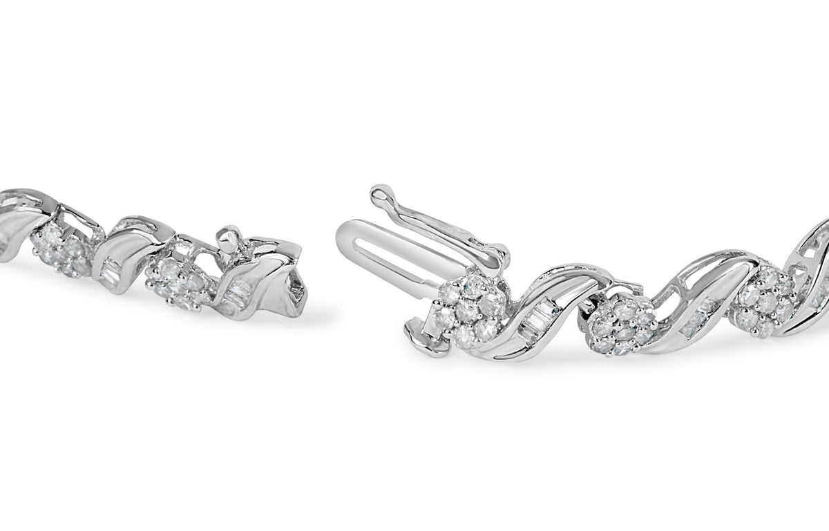 10K White Gold 2.00 Cttw Round-Cut and Baguette-Cut Diamond Floral Design Swirl Link 7&quot; Bracelet (I-J Color, I1-I2 Clarity) - LinkagejewelrydesignLinkagejewelrydesign