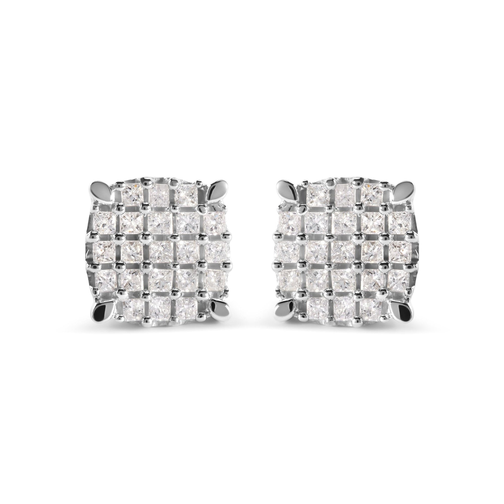 10K White Gold 3/4 Cttw Princess Diamond Composite Cushion Shape Stud Earrings (I-J Color, I1-I2 Clarity) - LinkagejewelrydesignLinkagejewelrydesign