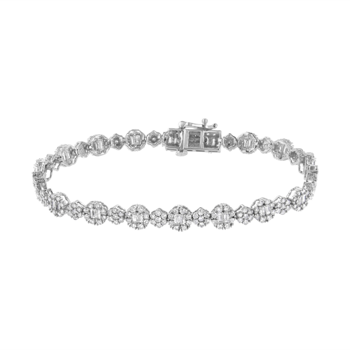 10K White Gold 4.0 cttw Brilliant Round-cut and Baguette Diamond Floral Cluster Link Bracelet (I-J Clarity, I1-I2 Color) - Size 7" - LinkagejewelrydesignLinkagejewelrydesign