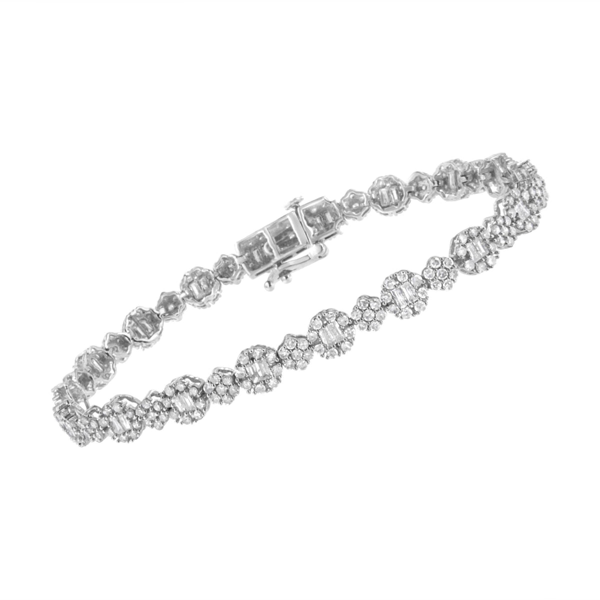 10K White Gold 4.0 cttw Brilliant Round-cut and Baguette Diamond Floral Cluster Link Bracelet (I-J Clarity, I1-I2 Color) - Size 7" - LinkagejewelrydesignLinkagejewelrydesign