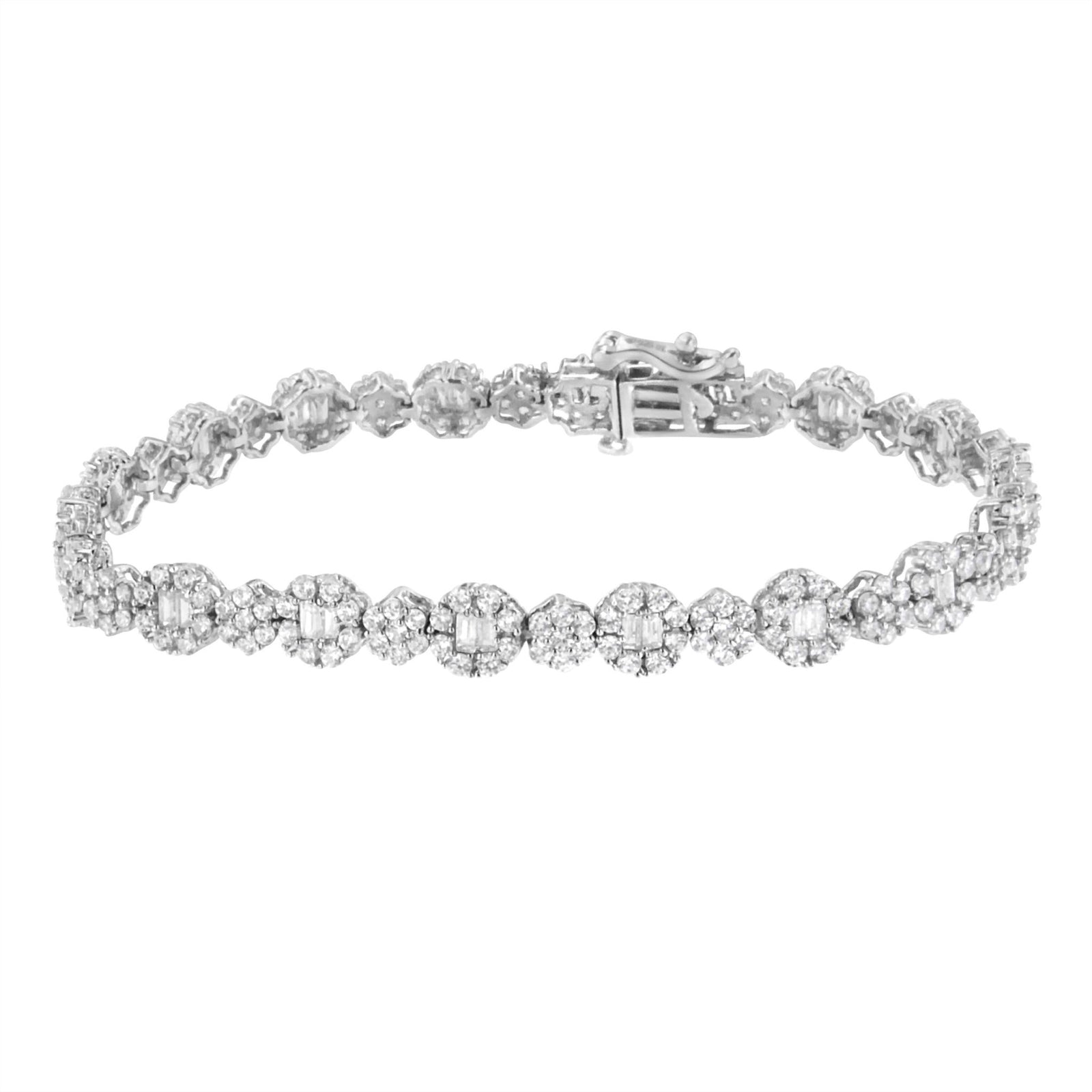 10K White Gold 4.0 cttw Brilliant Round-cut and Baguette Diamond Floral Cluster Link Bracelet (I-J Clarity, I1-I2 Color) - Size 7" - LinkagejewelrydesignLinkagejewelrydesign