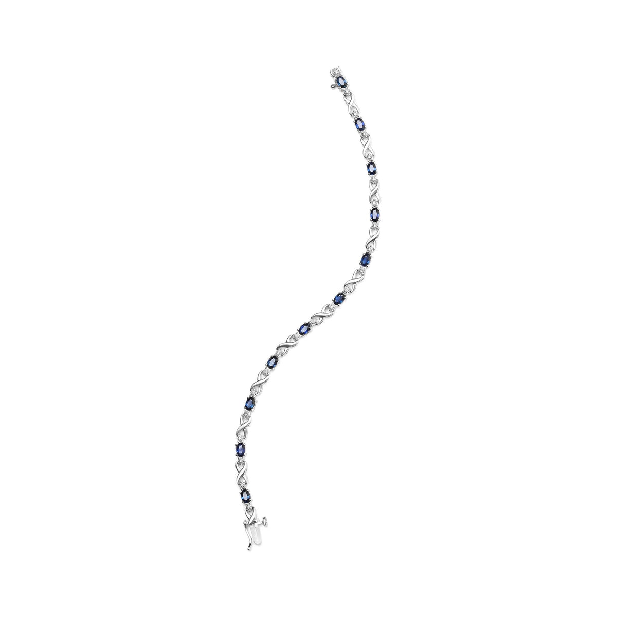 10K White Gold 5x4mm Oval Sapphire Gemstone and 1/10 Cttw Diamond Prong Set "X" Link Bracelet - Size 7" (H-I Color, SI1-SI2 Clarity) - LinkagejewelrydesignLinkagejewelrydesign