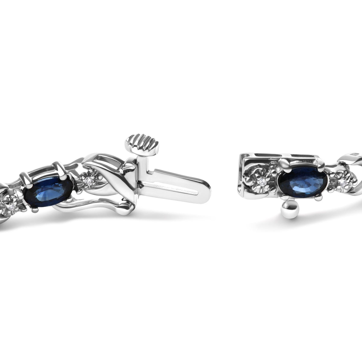 10K White Gold 5x4mm Oval Sapphire Gemstone and 1/10 Cttw Diamond Prong Set "X" Link Bracelet - Size 7" (H-I Color, SI1-SI2 Clarity) - LinkagejewelrydesignLinkagejewelrydesign