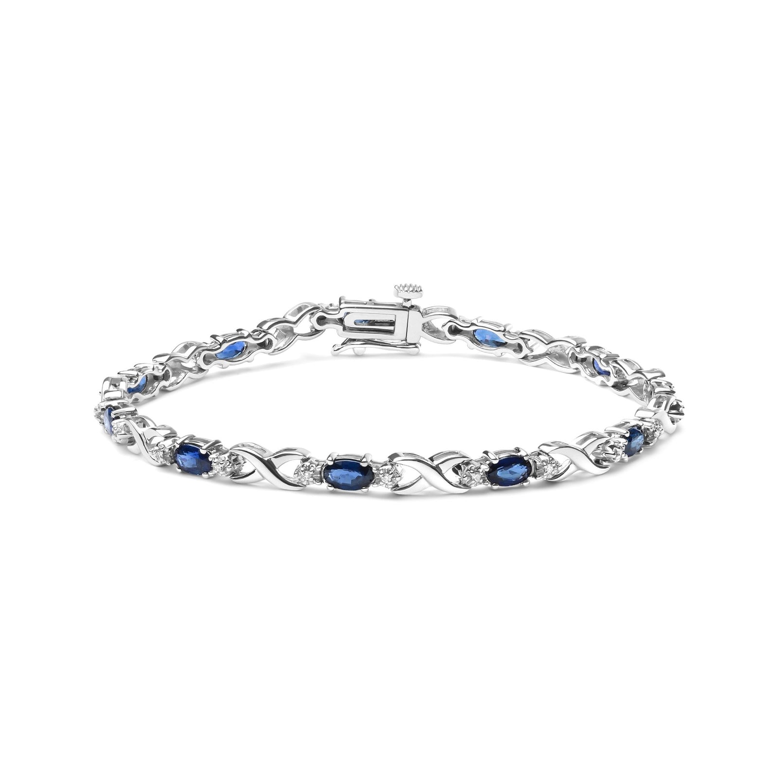 10K White Gold 5x4mm Oval Sapphire Gemstone and 1/10 Cttw Diamond Prong Set "X" Link Bracelet - Size 7" (H-I Color, SI1-SI2 Clarity) - LinkagejewelrydesignLinkagejewelrydesign