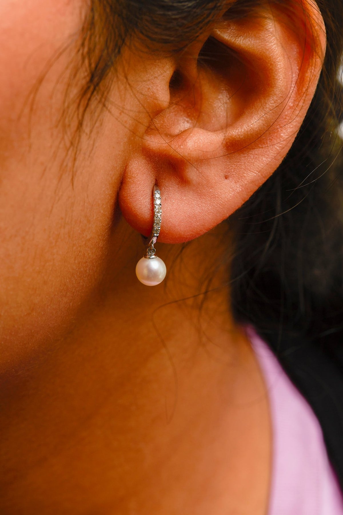 10K White Gold 6x6 MM Cultured Freshwater Pearl and Diamond Accent Drop Huggy Earring (H-I Color, I1-I2 Clarity) - LinkagejewelrydesignLinkagejewelrydesign