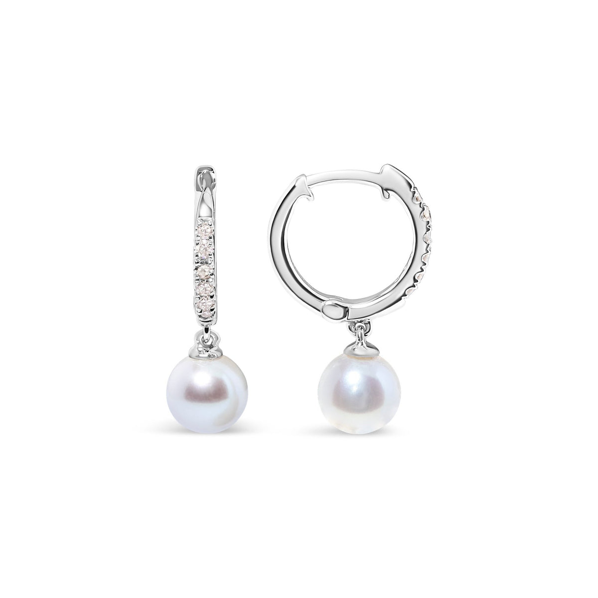 10K White Gold 6x6 MM Cultured Freshwater Pearl and Diamond Accent Drop Huggy Earring (H-I Color, I1-I2 Clarity) - LinkagejewelrydesignLinkagejewelrydesign