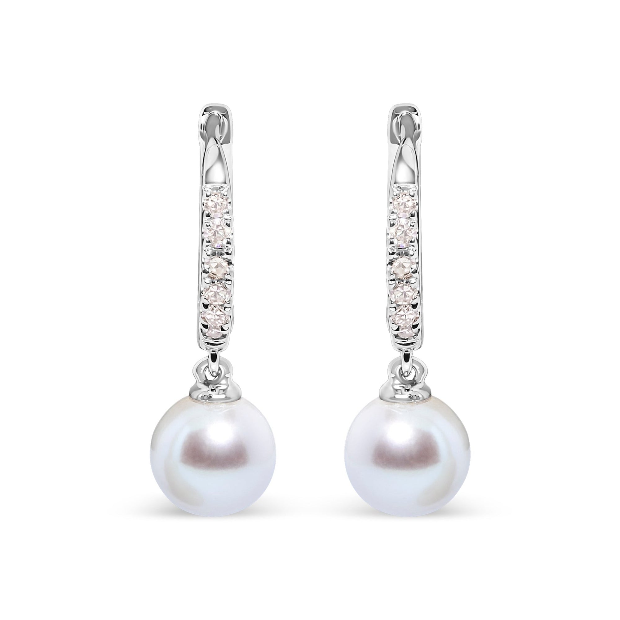 10K White Gold 6x6 MM Cultured Freshwater Pearl and Diamond Accent Drop Huggy Earring (H-I Color, I1-I2 Clarity) - LinkagejewelrydesignLinkagejewelrydesign