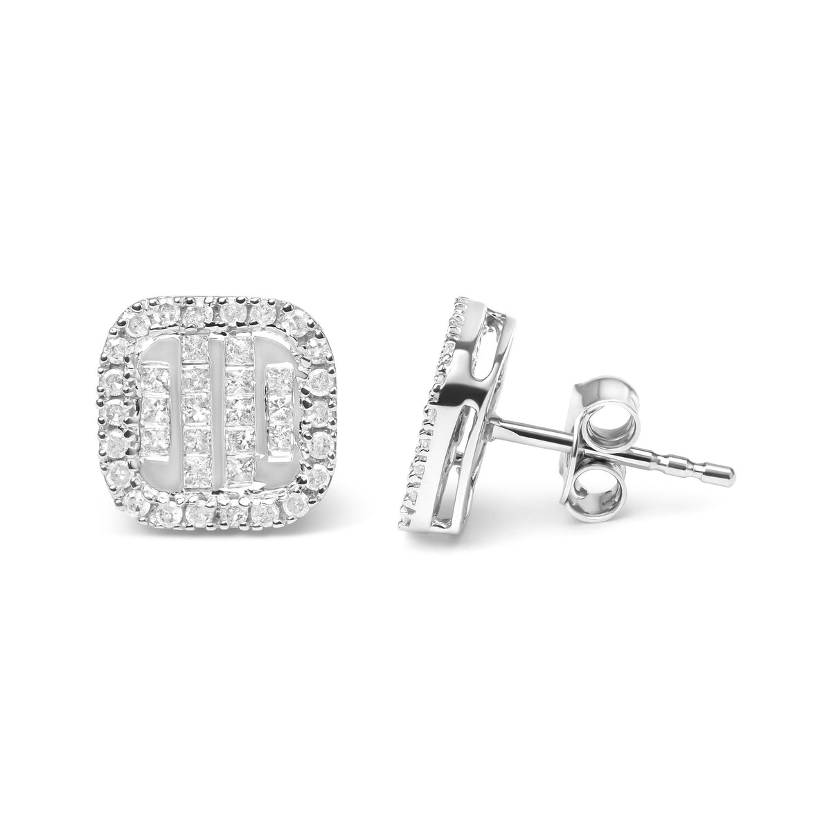10K White Gold 7/8 Cttw Diamond Princess Composite and Halo Stud Earrings (I-J Color, I1-I2 Clarity) - LinkagejewelrydesignLinkagejewelrydesign