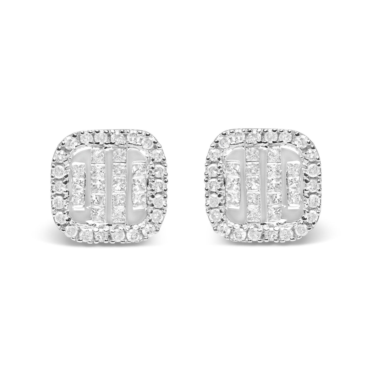 10K White Gold 7/8 Cttw Diamond Princess Composite and Halo Stud Earrings (I-J Color, I1-I2 Clarity) - LinkagejewelrydesignLinkagejewelrydesign