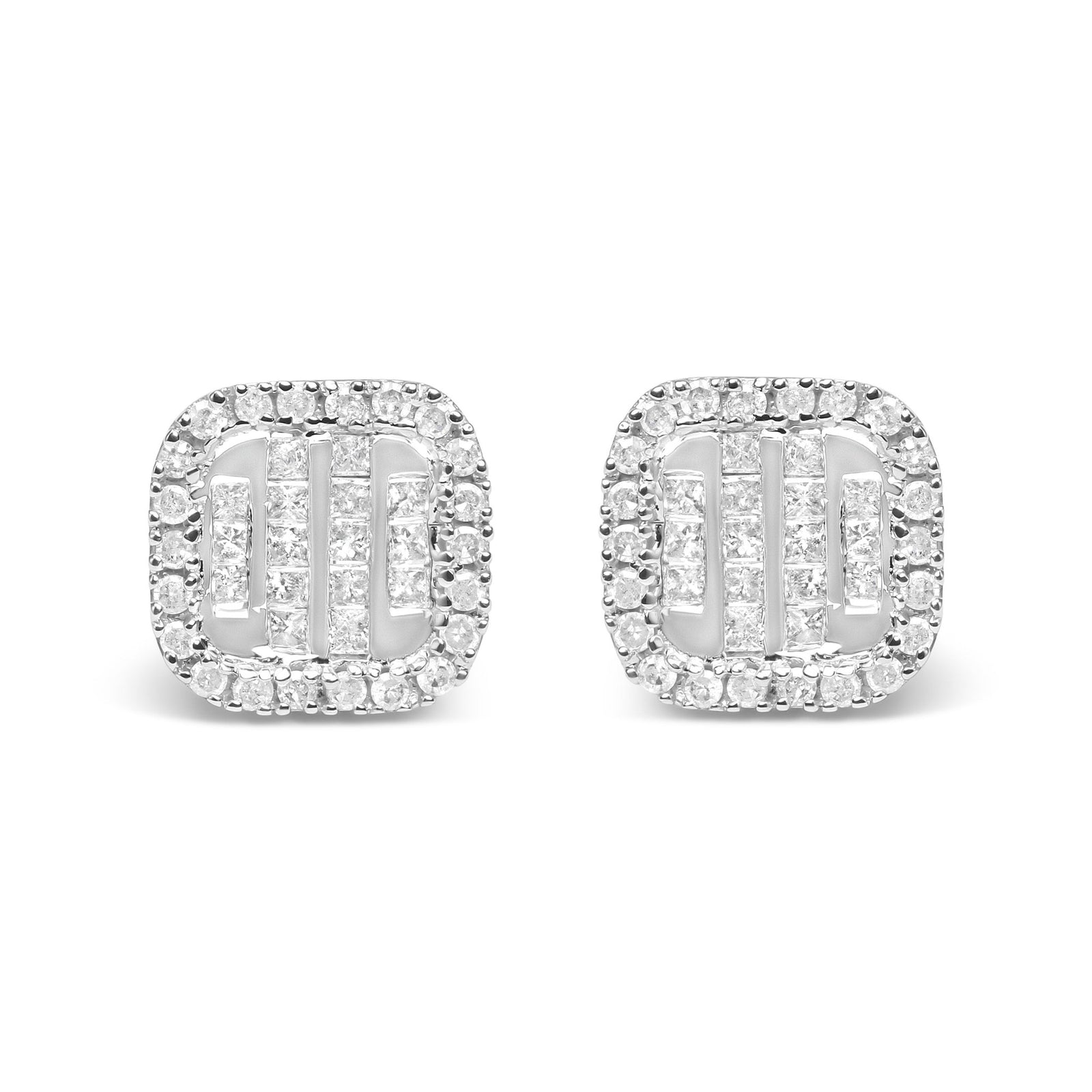 10K White Gold 7/8 Cttw Diamond Princess Composite and Halo Stud Earrings (I-J Color, I1-I2 Clarity) - LinkagejewelrydesignLinkagejewelrydesign