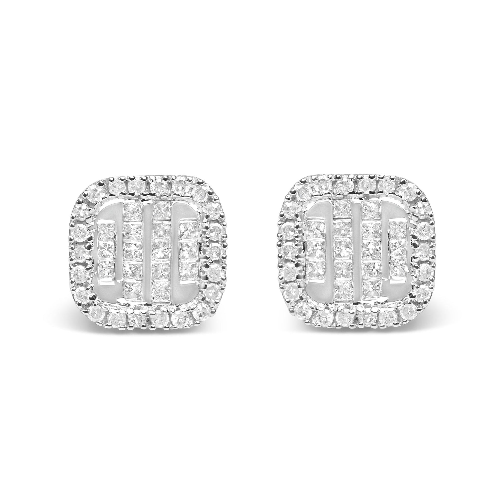 10K White Gold 7/8 Cttw Diamond Princess Composite and Halo Stud Earrings (I-J Color, I1-I2 Clarity) - LinkagejewelrydesignLinkagejewelrydesign