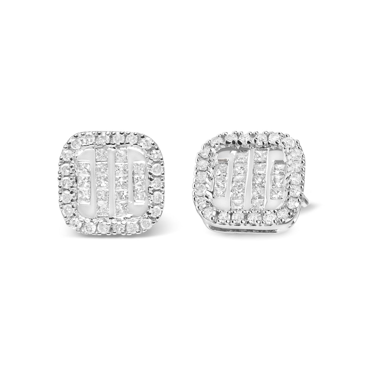 10K White Gold 7/8 Cttw Diamond Princess Composite and Halo Stud Earrings (I-J Color, I1-I2 Clarity) - LinkagejewelrydesignLinkagejewelrydesign