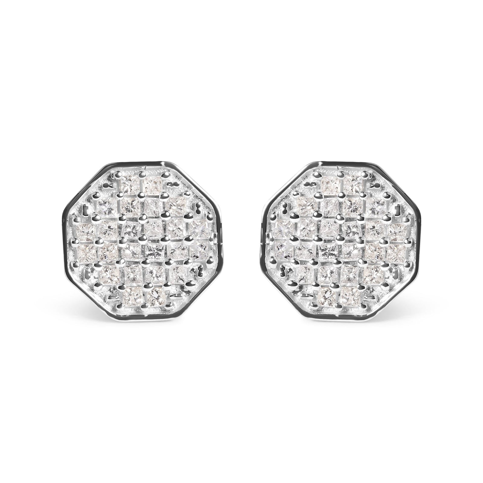 10K White Gold 7/8 Cttw Princess Diamond Composite Octagon Shaped Stud Earrings (I-J Color, I1-I2 Clarity) - LinkagejewelrydesignLinkagejewelrydesign