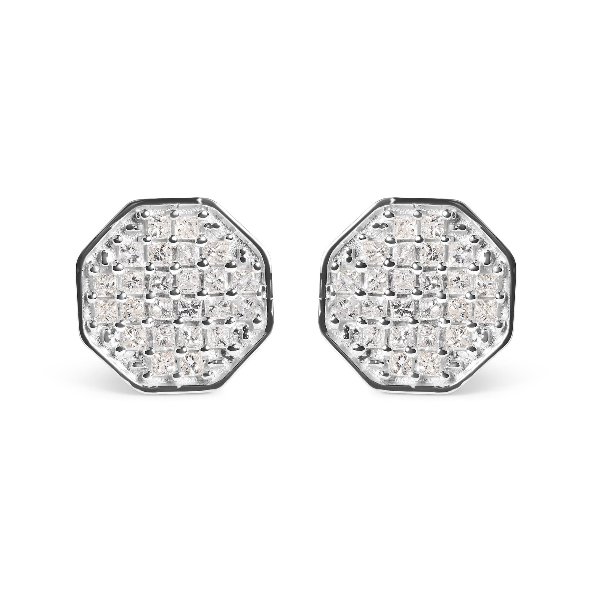 10K White Gold 7/8 Cttw Princess Diamond Composite Octagon Shaped Stud Earrings (I-J Color, I1-I2 Clarity) - LinkagejewelrydesignLinkagejewelrydesign