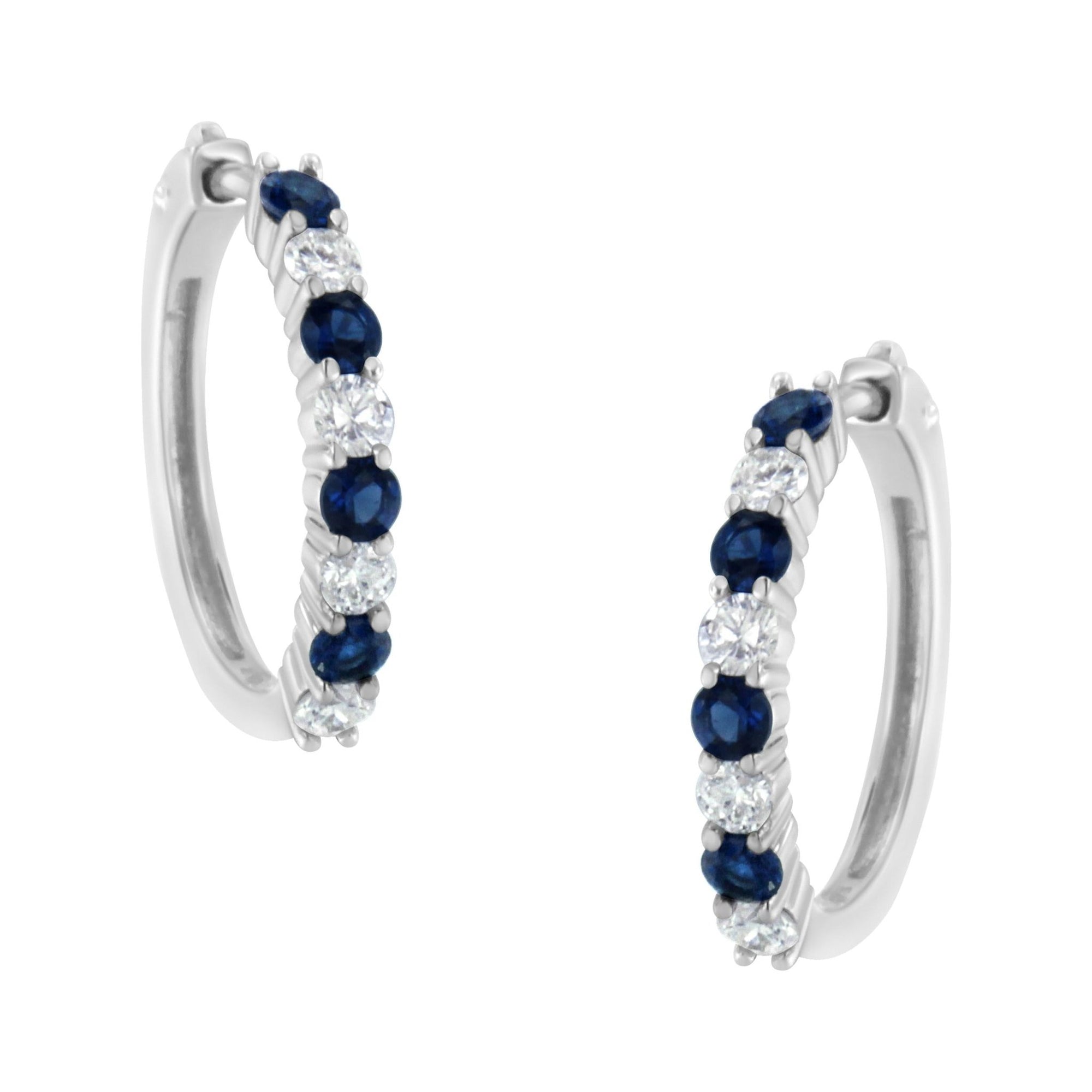 10K White Gold, ½ Cttw Diamond, & ½ Cttw Lab-Grown Blue Sapphire Leverback Hoop Earrings (H-I Color, I1-I2 Clarity) - LinkagejewelrydesignLinkagejewelrydesign