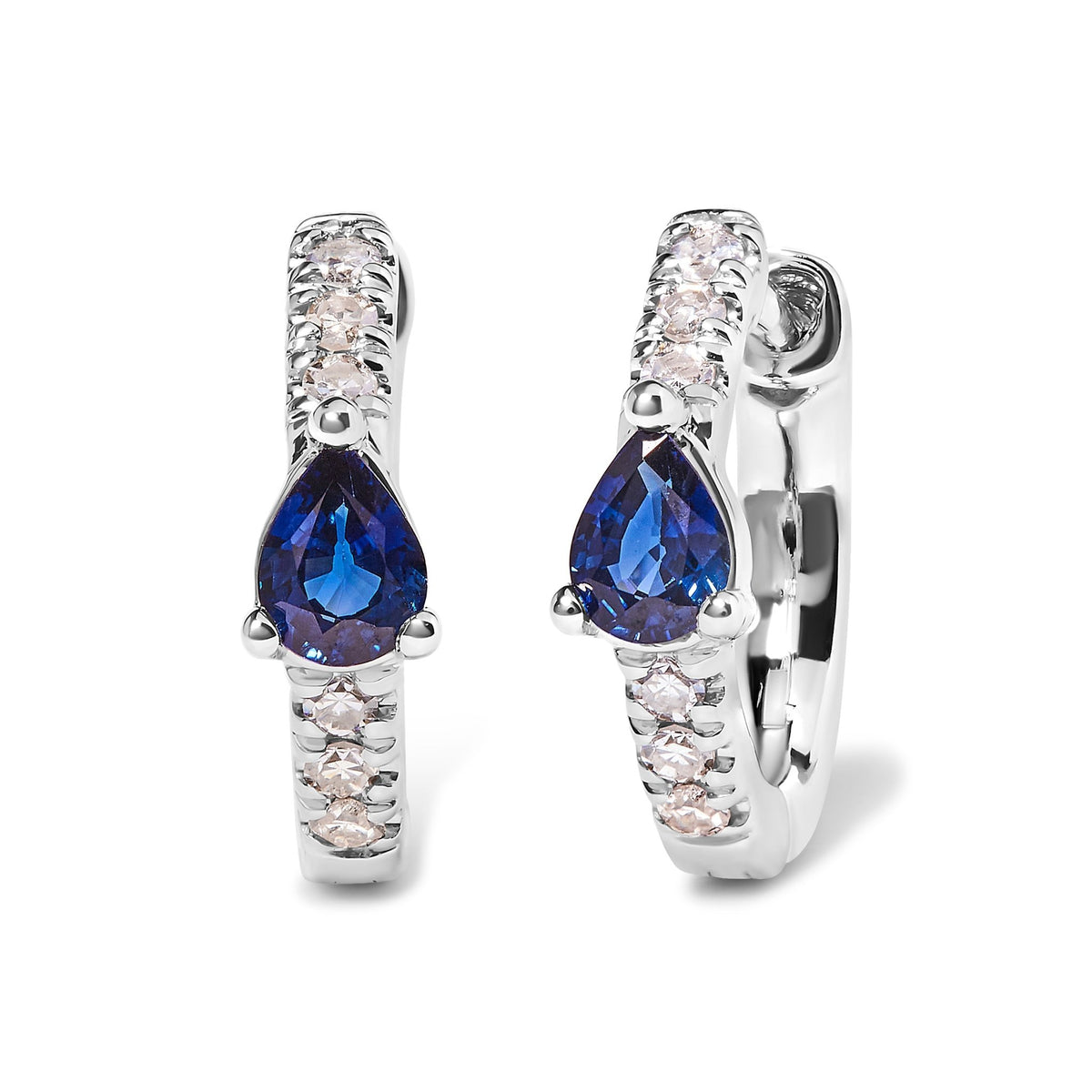 10K White Gold Pear Shaped Blue Sapphire and 1/10 Cttw Diamond Huggy Hoop Earrings (H-I Color, I1-I2 Clarity) - LinkagejewelrydesignLinkagejewelrydesign