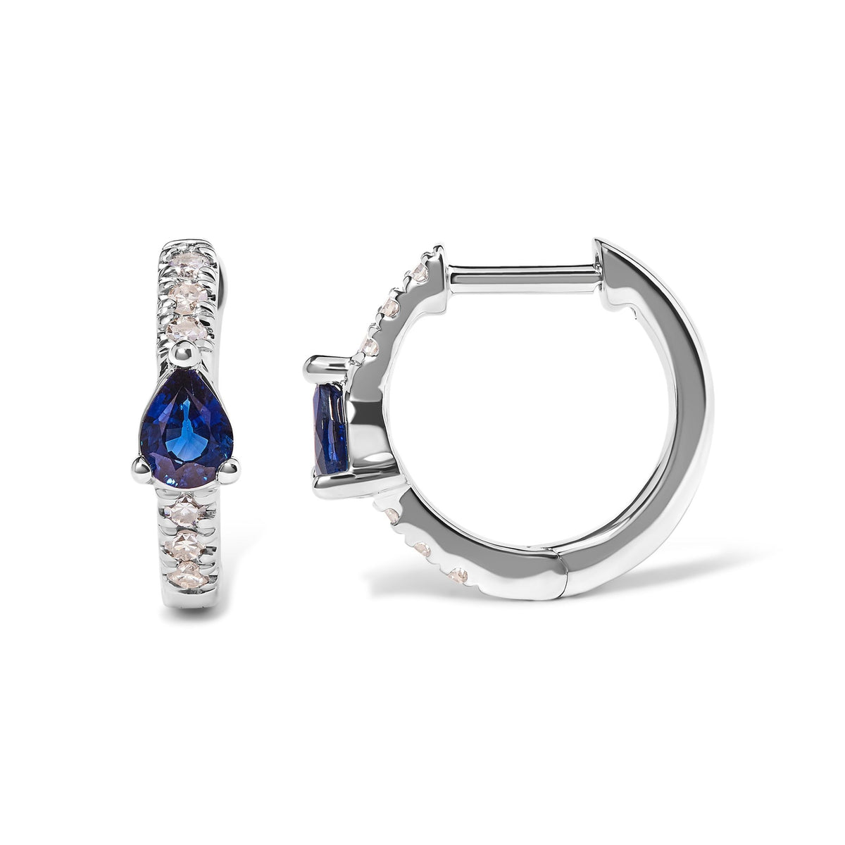 10K White Gold Pear Shaped Blue Sapphire and 1/10 Cttw Diamond Huggy Hoop Earrings (H-I Color, I1-I2 Clarity) - LinkagejewelrydesignLinkagejewelrydesign