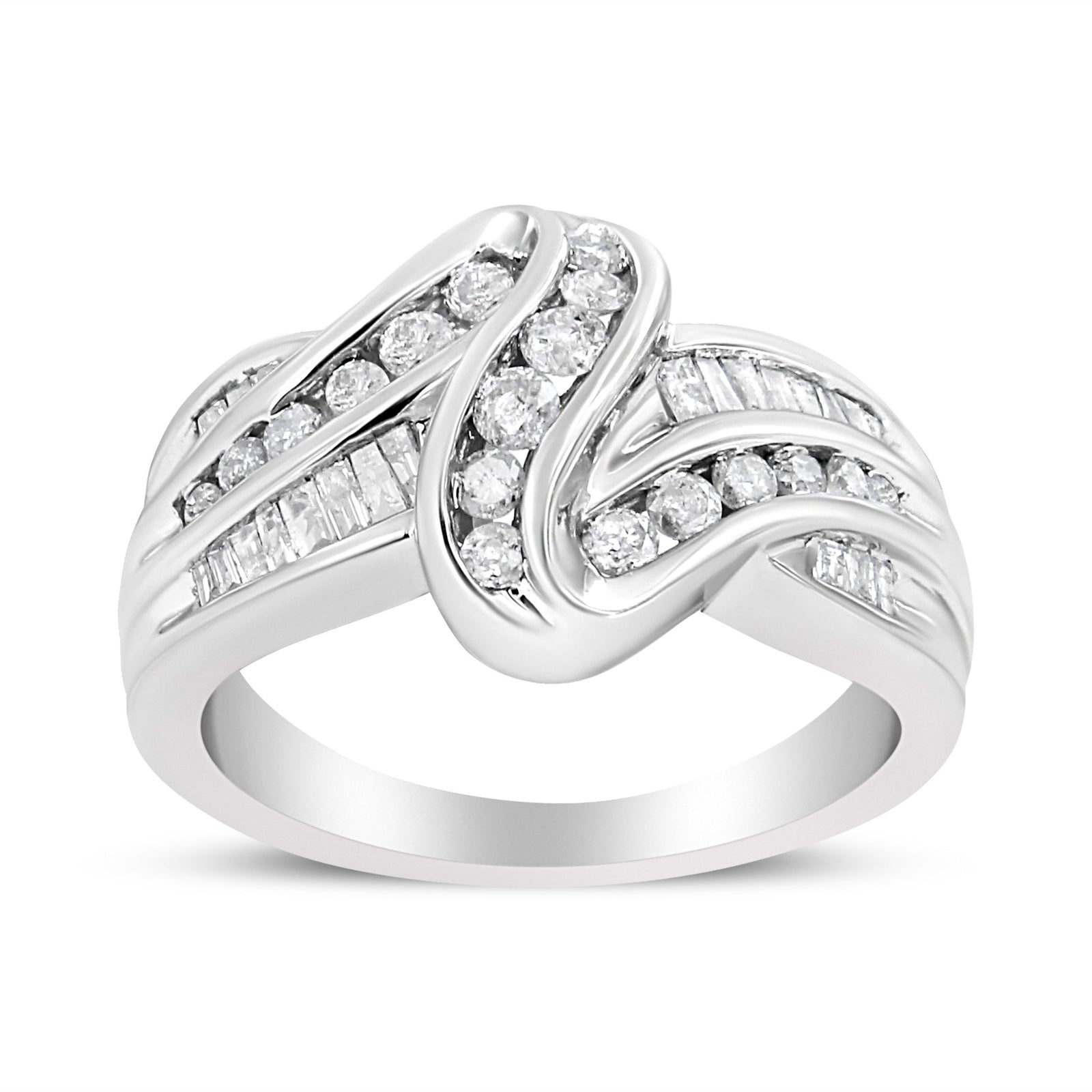 10K White Gold Ring 3/4 Cttw Round and Baguette-Cut Diamond Bypass Ring (H-I Color, I2-I3 Clarity) - Size 6 - LinkagejewelrydesignLinkagejewelrydesign