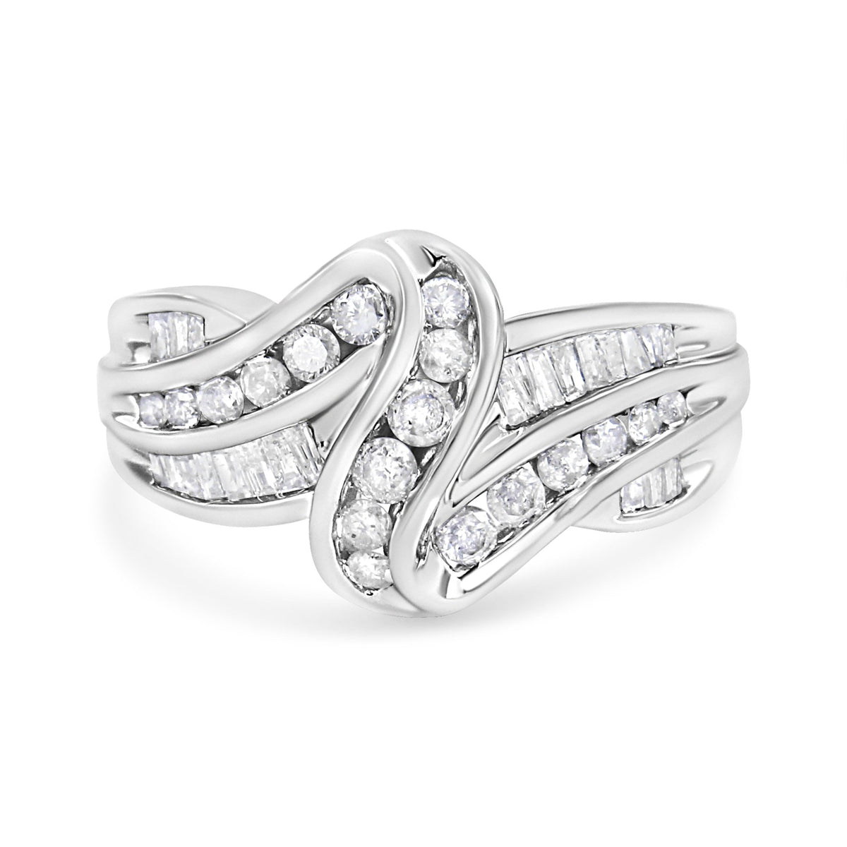 10K White Gold Ring 3/4 Cttw Round and Baguette-Cut Diamond Bypass Ring (H-I Color, I2-I3 Clarity) - Size 6 - LinkagejewelrydesignLinkagejewelrydesign