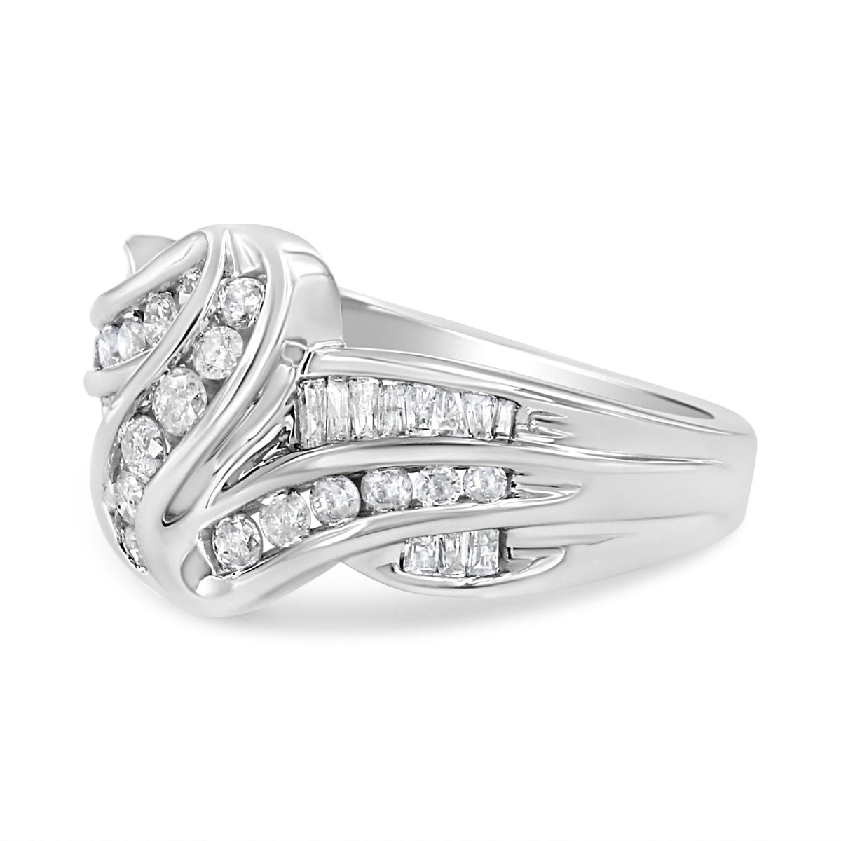 10K White Gold Ring 3/4 Cttw Round and Baguette-Cut Diamond Bypass Ring (H-I Color, I2-I3 Clarity) - Size 6 - LinkagejewelrydesignLinkagejewelrydesign