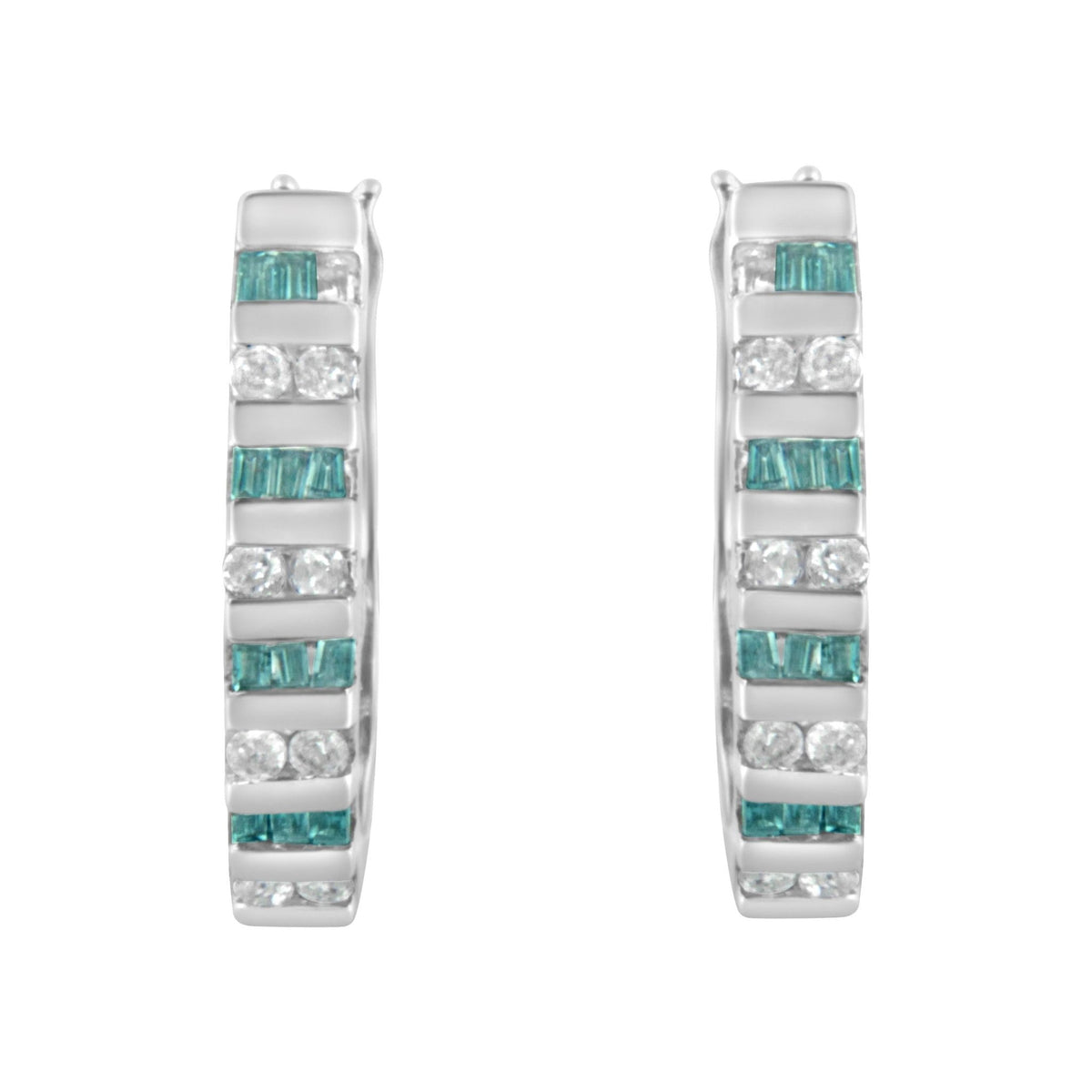 10k White Gold Round and Blue Baguette Diamond Hoop Earrings (0.50 cttw, I-J Color, I2-I3 Clarity) - LinkagejewelrydesignLinkagejewelrydesign