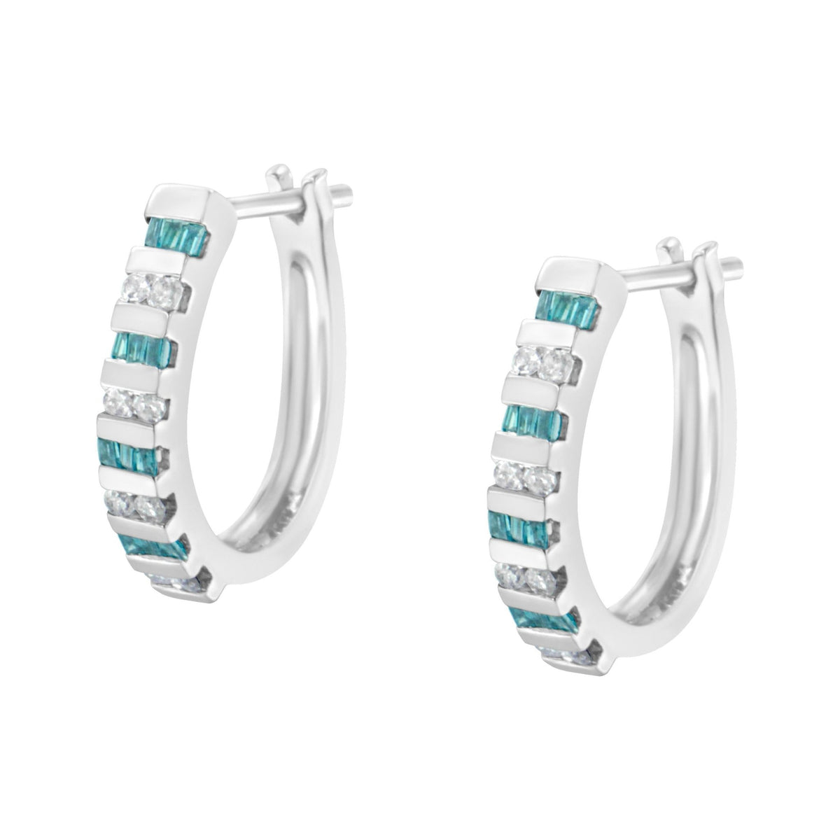 10k White Gold Round and Blue Baguette Diamond Hoop Earrings (0.50 cttw, I-J Color, I2-I3 Clarity) - LinkagejewelrydesignLinkagejewelrydesign
