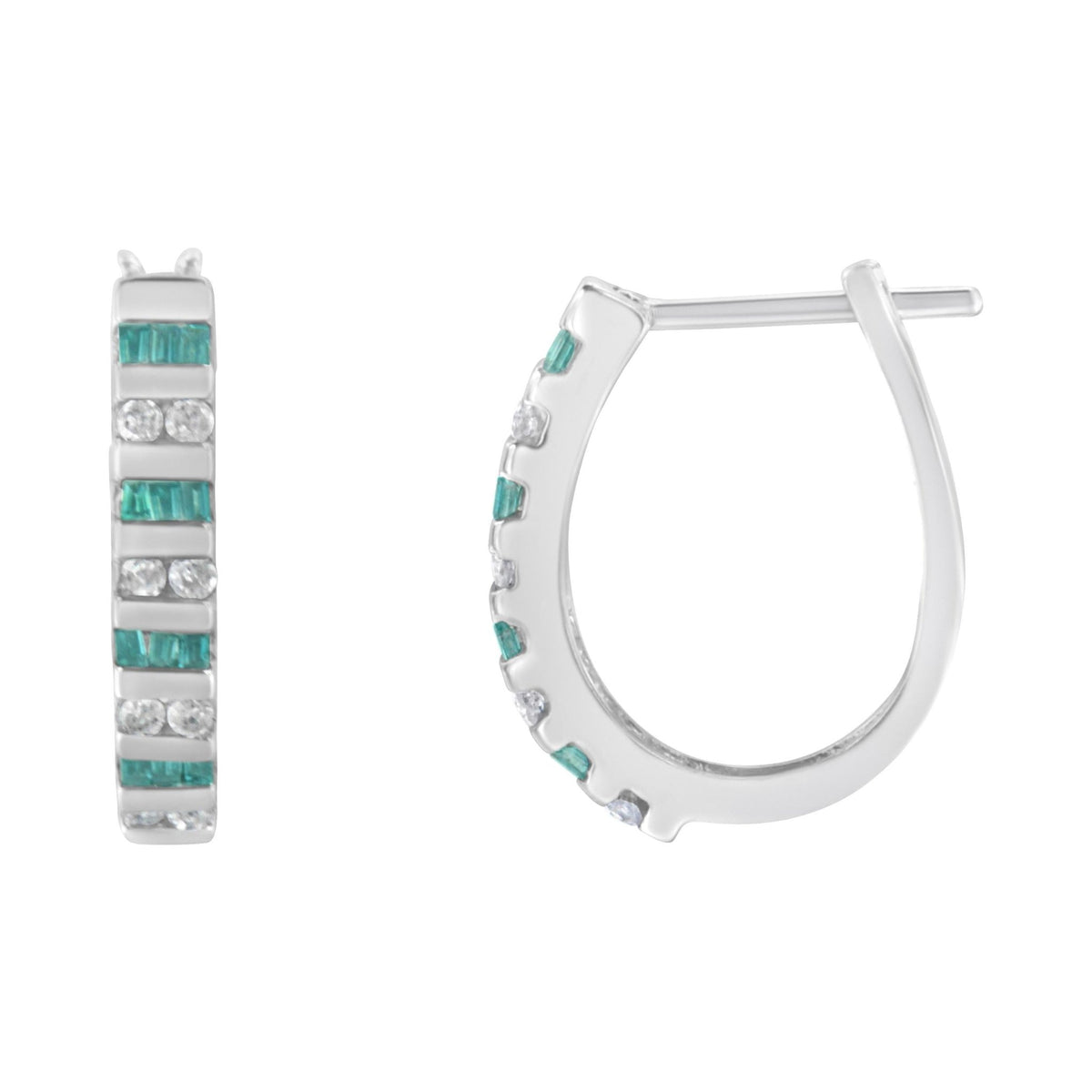 10k White Gold Round and Blue Baguette Diamond Hoop Earrings (0.50 cttw, I-J Color, I2-I3 Clarity) - LinkagejewelrydesignLinkagejewelrydesign