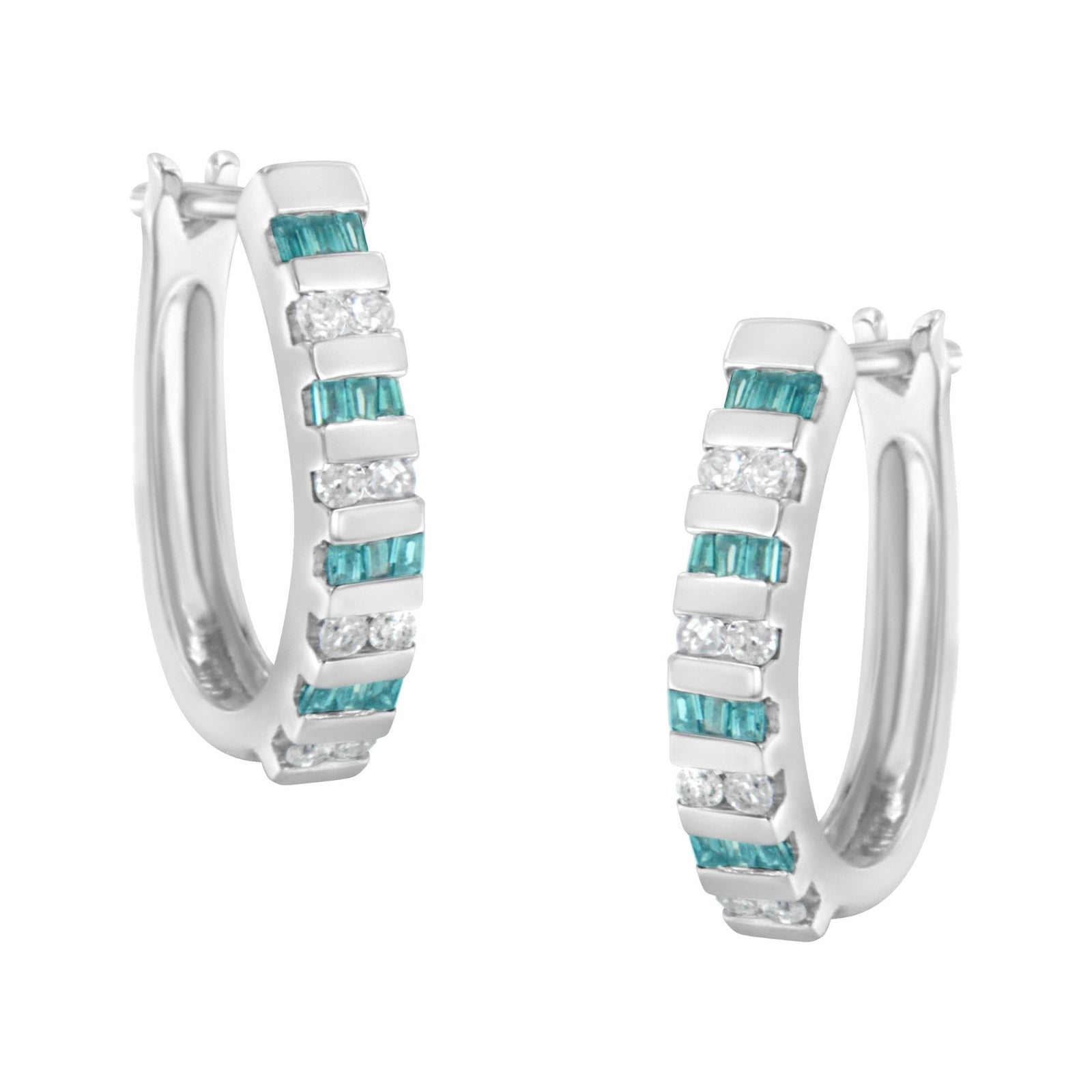 10k White Gold Round and Blue Baguette Diamond Hoop Earrings (0.50 cttw, I-J Color, I2-I3 Clarity) - LinkagejewelrydesignLinkagejewelrydesign