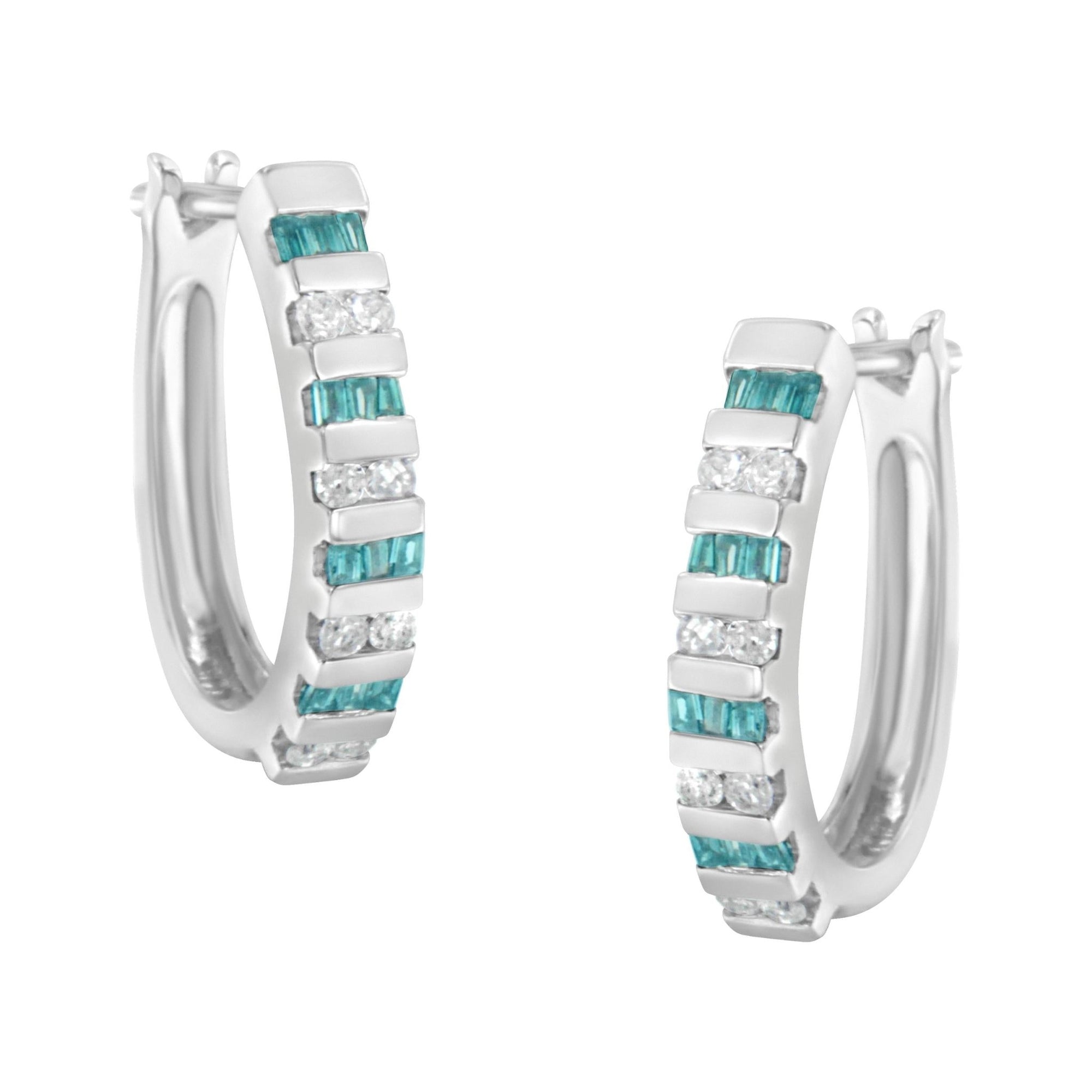 10k White Gold Round and Blue Baguette Diamond Hoop Earrings (0.50 cttw, I-J Color, I2-I3 Clarity) - LinkagejewelrydesignLinkagejewelrydesign