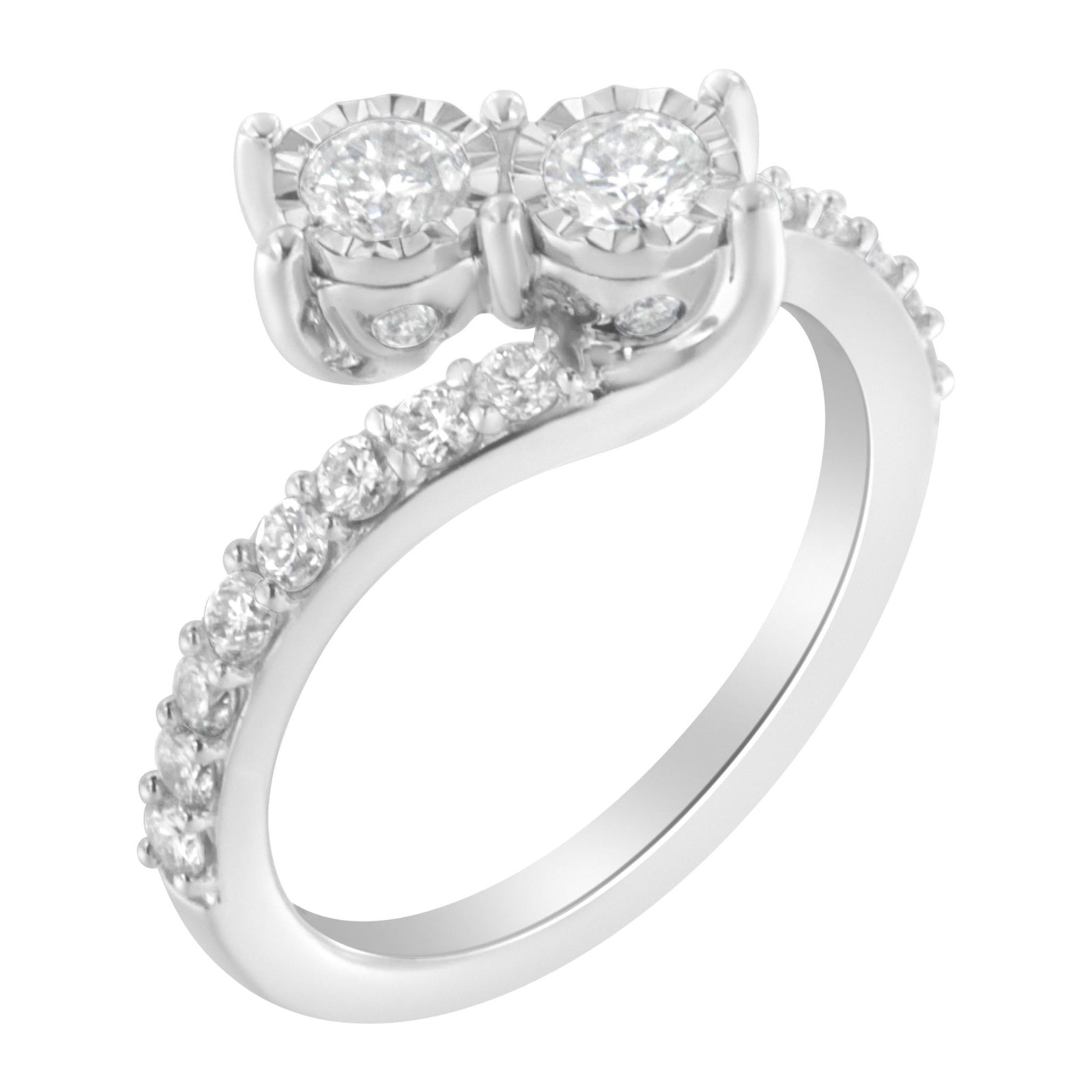 10K White Gold Two-Stone Miracle-Set Diamond Bypass Ring (1 Cttw, H-I Color, I1-I2 Clarity) - Size 6 - LinkagejewelrydesignLinkagejewelrydesign