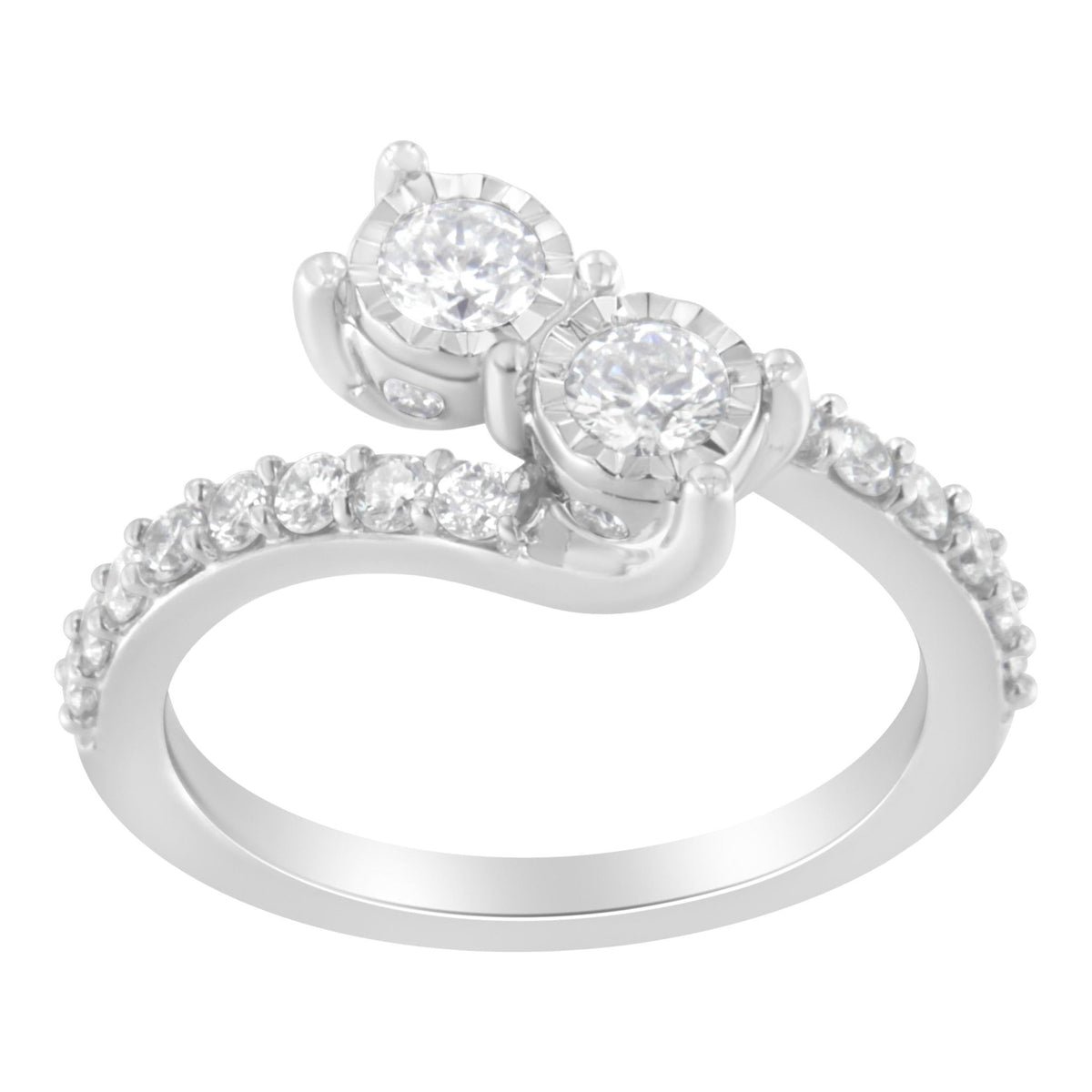 10K White Gold Two-Stone Miracle-Set Diamond Bypass Ring (1 Cttw, H-I Color, I1-I2 Clarity) - Size 6 - LinkagejewelrydesignLinkagejewelrydesign