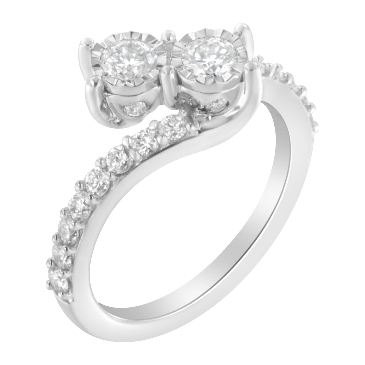 10K White Gold Two-Stone Miracle-Set Diamond Bypass Ring (1 Cttw, H-I Color, I1-I2 Clarity) - Size 6 - LinkagejewelrydesignLinkagejewelrydesign