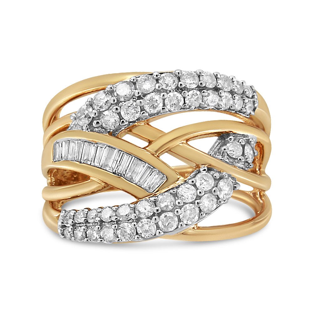 10K Yellow and White Gold 1.0 Cttw Round and Baguette-Cut Diamond Multirow Interwoven Cocktail Ring (I-J Color, I2-I3 Quality) - Size 7 - LinkagejewelrydesignLinkagejewelrydesign