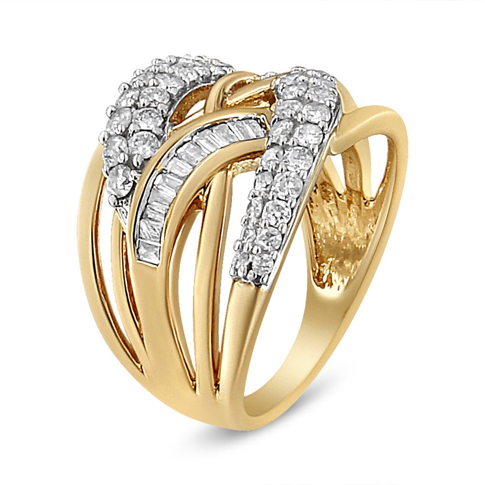 10K Yellow and White Gold 1.0 Cttw Round and Baguette-Cut Diamond Multirow Interwoven Cocktail Ring (I-J Color, I2-I3 Quality) - Size 7 - LinkagejewelrydesignLinkagejewelrydesign