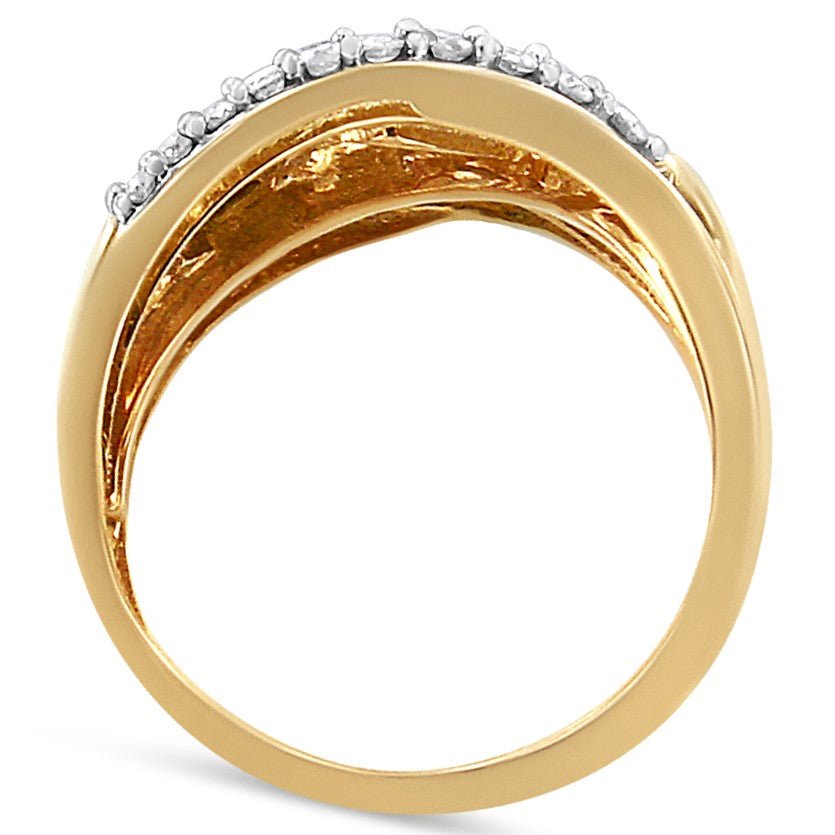 10K Yellow and White Gold 1.0 Cttw Round and Baguette-Cut Diamond Multirow Interwoven Cocktail Ring (I-J Color, I2-I3 Quality) - Size 7 - LinkagejewelrydesignLinkagejewelrydesign