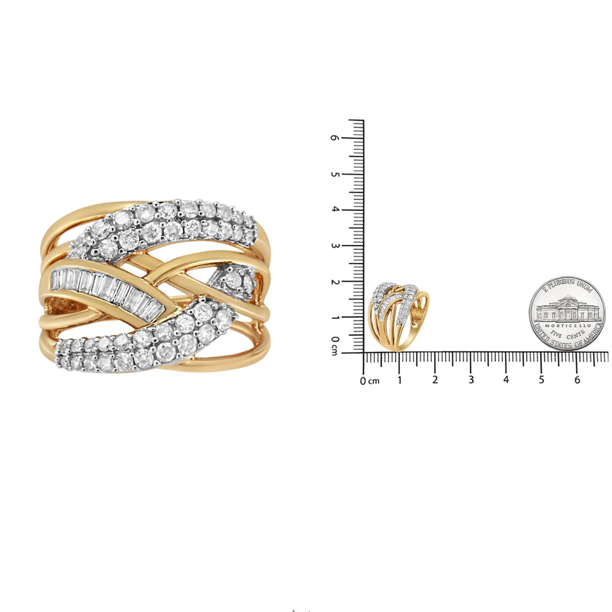 10K Yellow and White Gold 1.0 Cttw Round and Baguette-Cut Diamond Multirow Interwoven Cocktail Ring (I-J Color, I2-I3 Quality) - Size 7 - LinkagejewelrydesignLinkagejewelrydesign