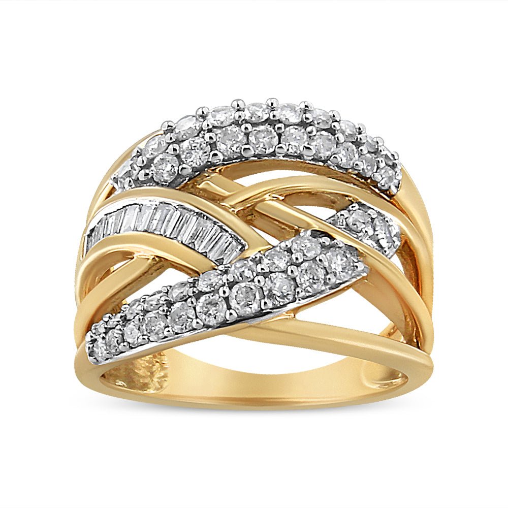 10K Yellow and White Gold 1.0 Cttw Round and Baguette-Cut Diamond Multirow Interwoven Cocktail Ring (I-J Color, I2-I3 Quality) - Size 7 - LinkagejewelrydesignLinkagejewelrydesign