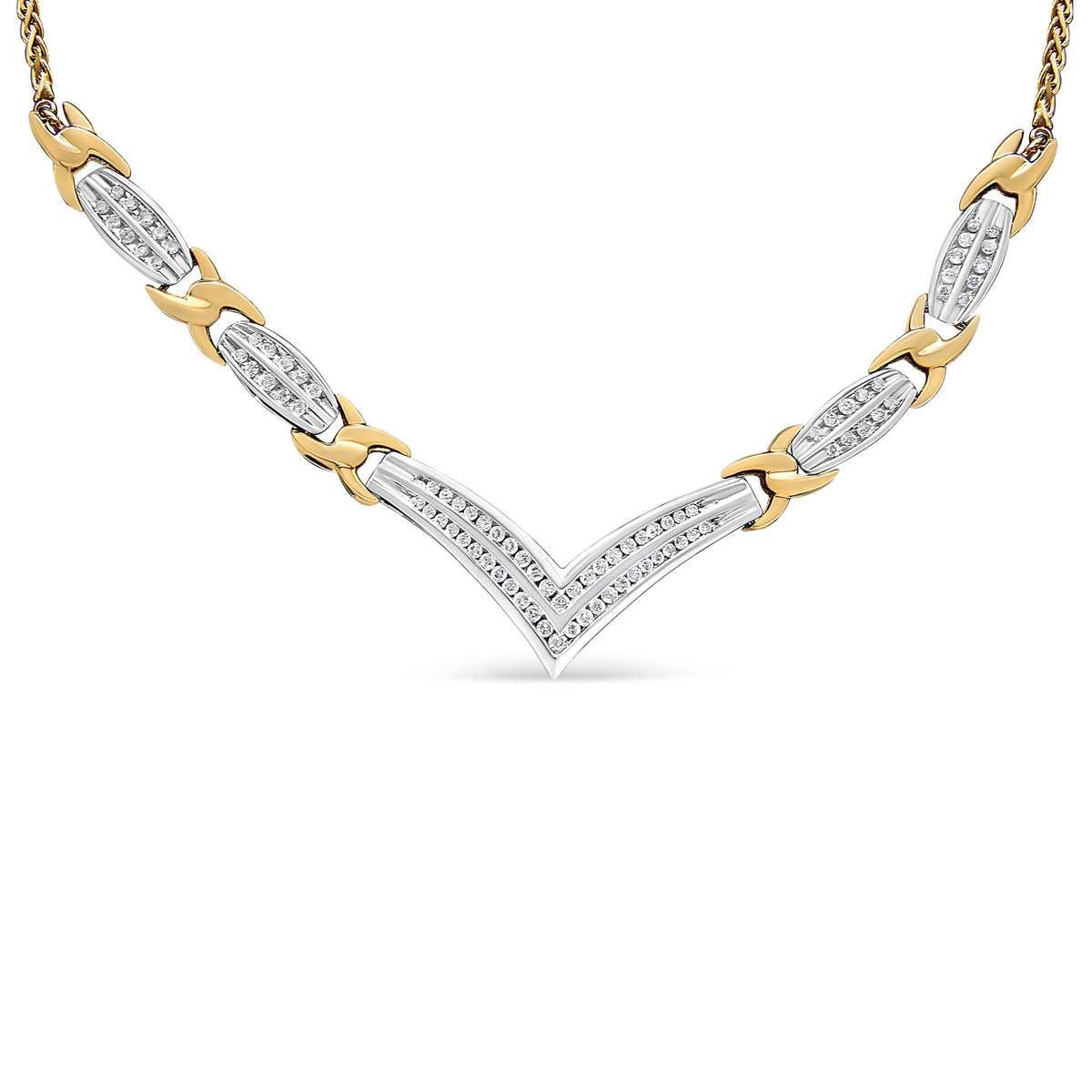 10K Yellow and White Gold 1.0 Cttw Round and Princess cut Diamond &quot;V&quot; Shape Statement Necklace (I-J Color, I1-I2 Clarity) - LinkagejewelrydesignLinkagejewelrydesign