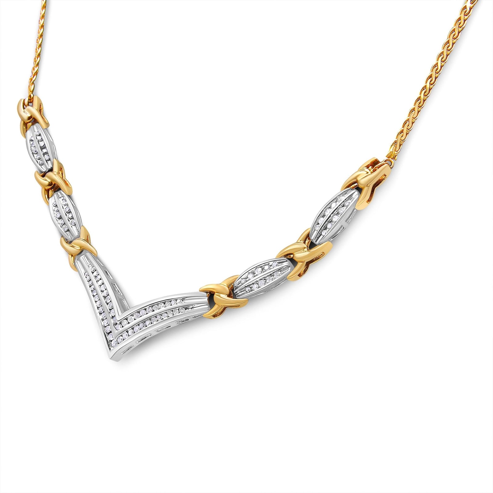 10K Yellow and White Gold 1.0 Cttw Round and Princess cut Diamond "V" Shape Statement Necklace (I-J Color, I1-I2 Clarity) - LinkagejewelrydesignLinkagejewelrydesign