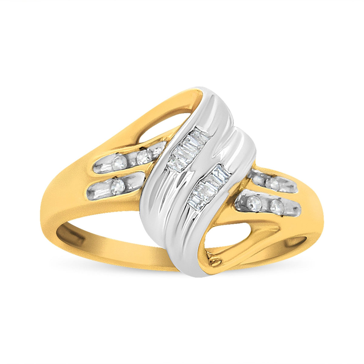 10K Yellow and White Gold 1.00 Cttw Round And Baguette-Cut Diamond Accent Bypass Ring (H-I Color, I2-I3 Clarity) - Ring Size 7 - LinkagejewelrydesignLinkagejewelrydesign