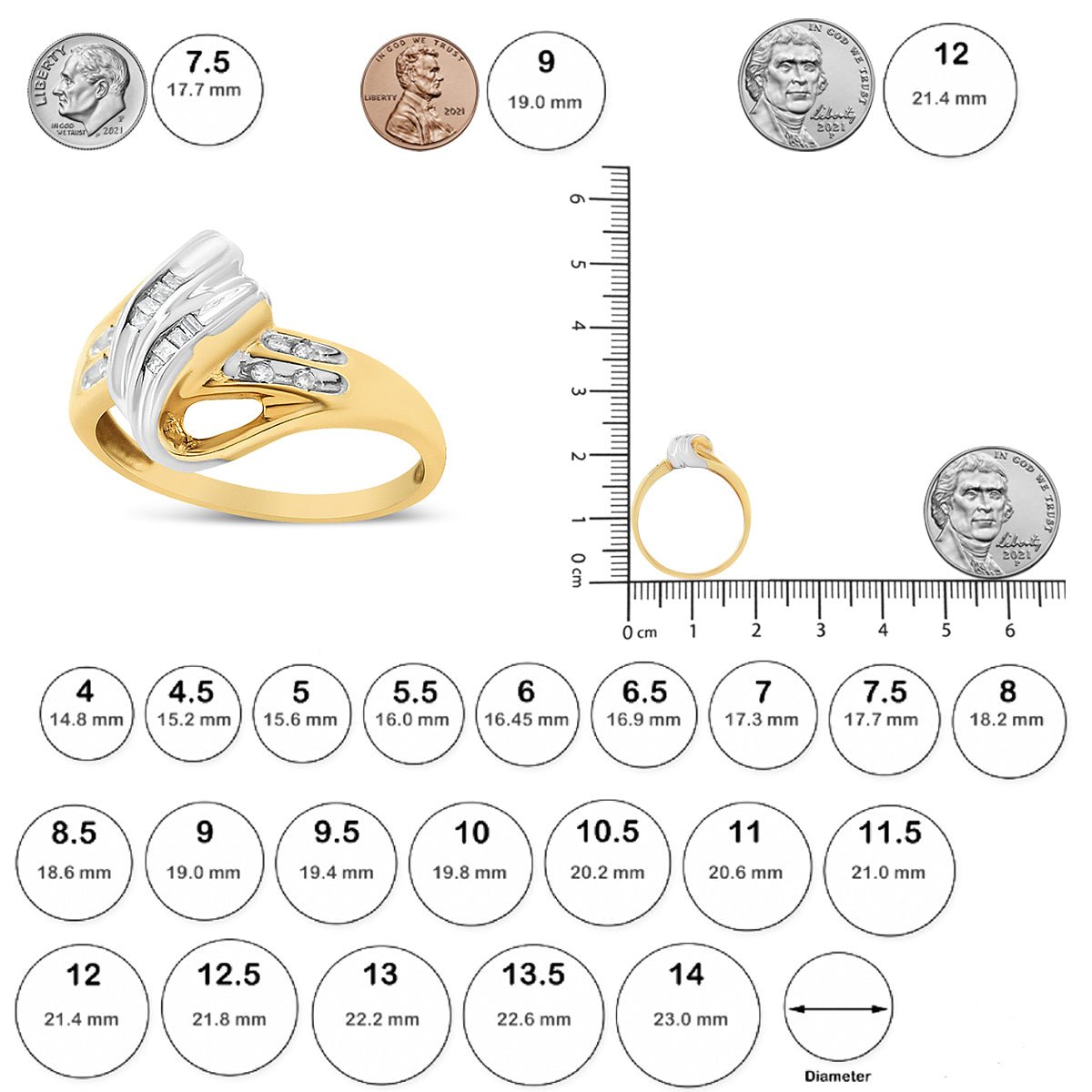 10K Yellow and White Gold 1.00 Cttw Round And Baguette-Cut Diamond Accent Bypass Ring (H-I Color, I2-I3 Clarity) - Ring Size 7 - LinkagejewelrydesignLinkagejewelrydesign