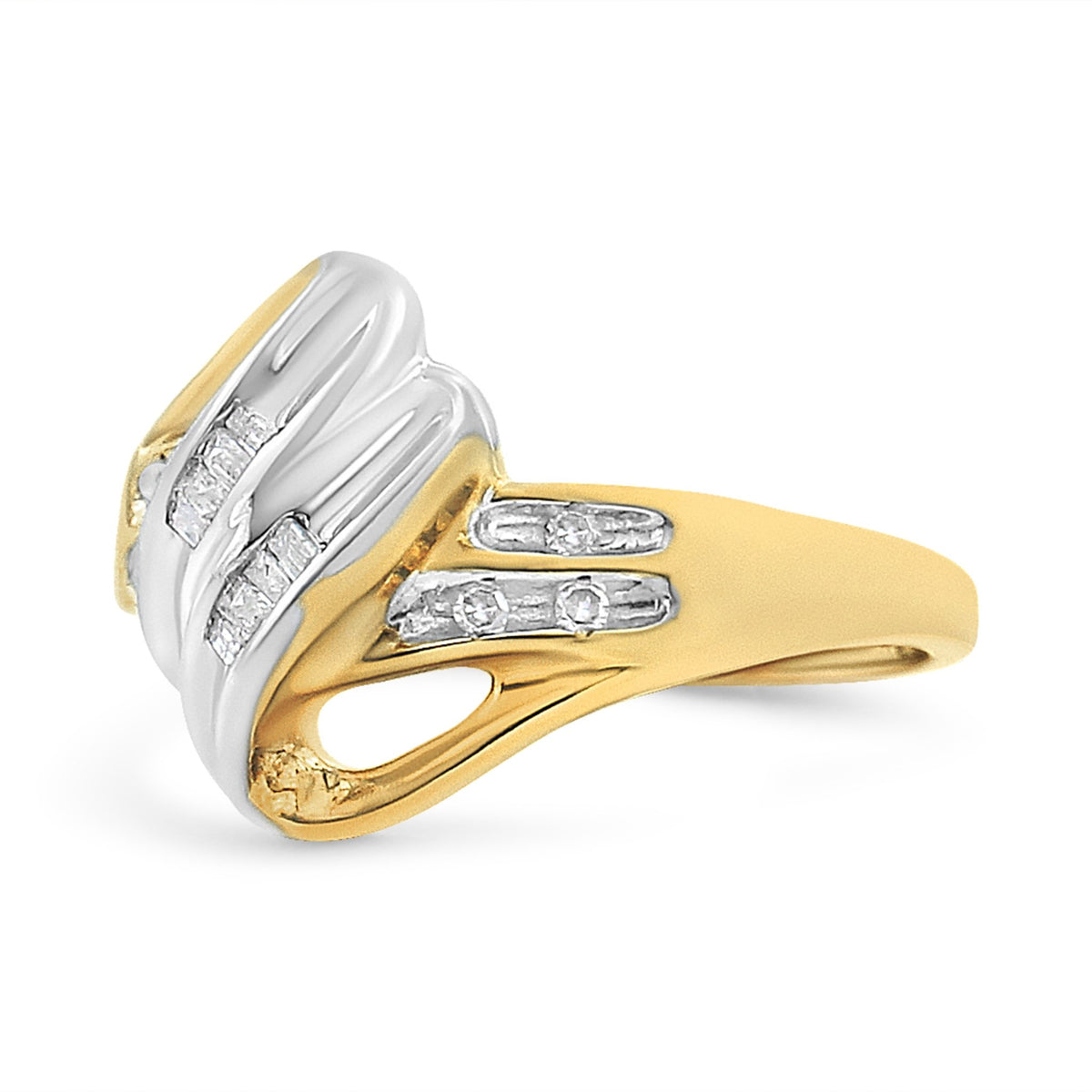 10K Yellow and White Gold 1.00 Cttw Round And Baguette-Cut Diamond Accent Bypass Ring (H-I Color, I2-I3 Clarity) - Ring Size 7 - LinkagejewelrydesignLinkagejewelrydesign