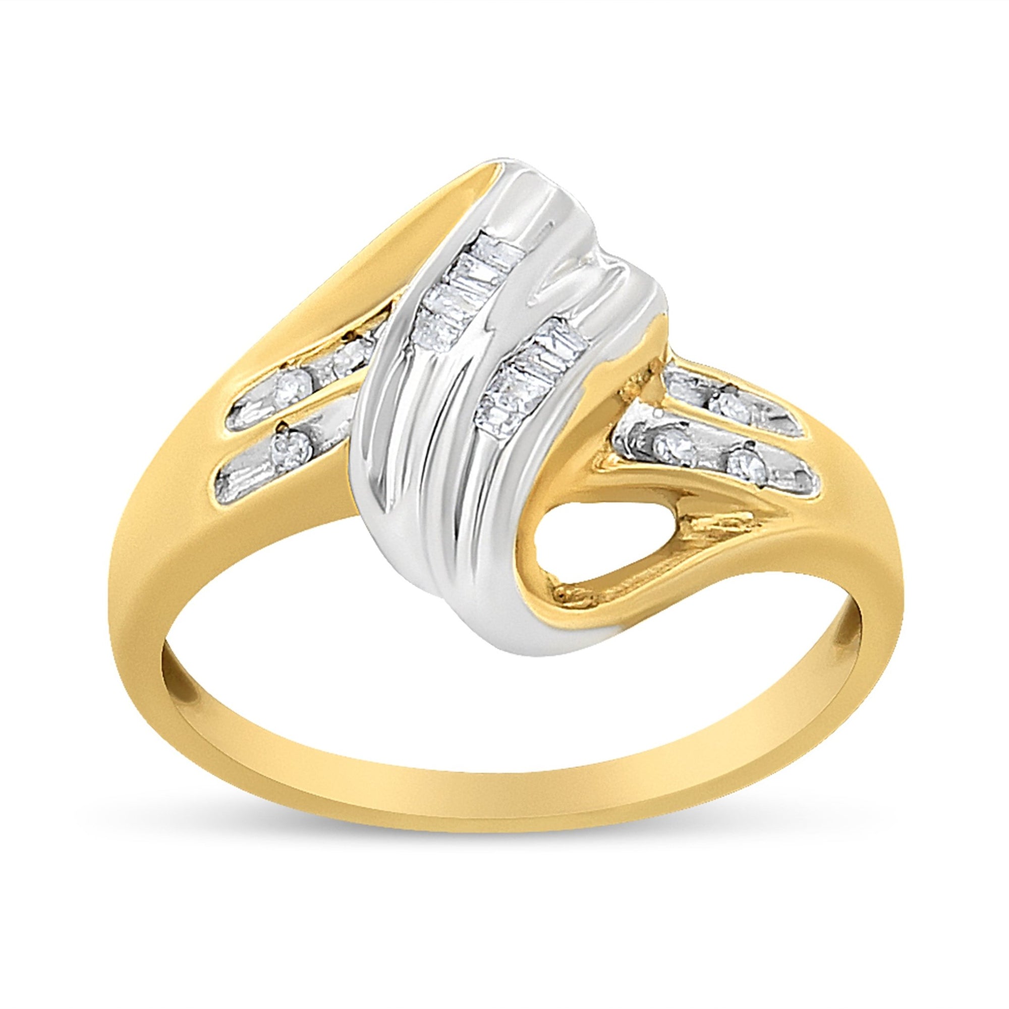10K Yellow and White Gold 1.00 Cttw Round And Baguette-Cut Diamond Accent Bypass Ring (H-I Color, I2-I3 Clarity) - Ring Size 7 - LinkagejewelrydesignLinkagejewelrydesign
