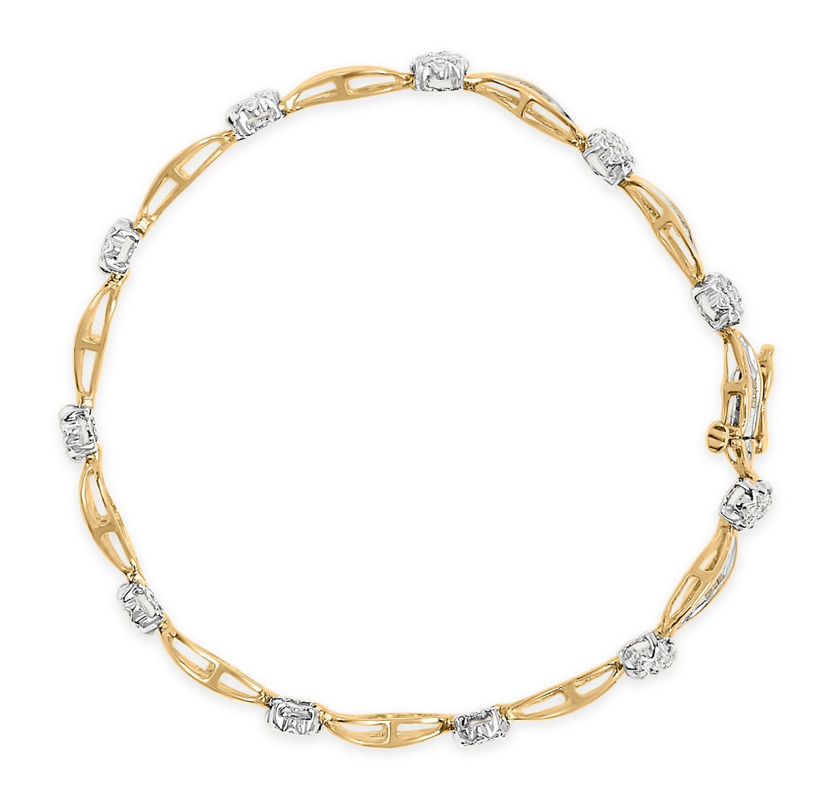 10K Yellow and White Gold 1.00 Cttw Round-Cut and Baguette-Cut Diamond Floral S-Link 7&quot; Bracelet (I-J Color, I1-I2 Clarity) - LinkagejewelrydesignLinkagejewelrydesign
