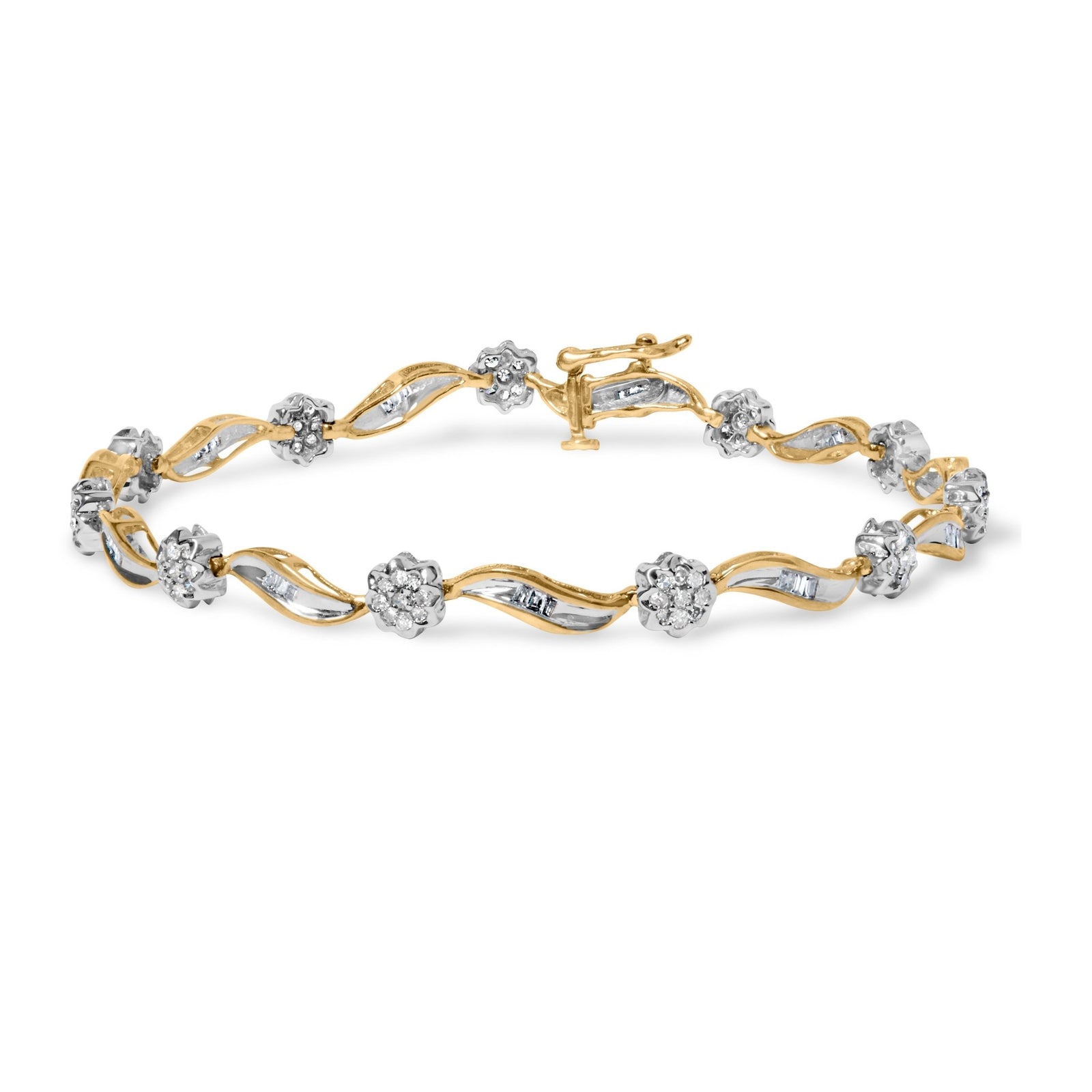 10K Yellow and White Gold 1.00 Cttw Round-Cut and Baguette-Cut Diamond Floral S-Link 7" Bracelet (I-J Color, I1-I2 Clarity) - LinkagejewelrydesignLinkagejewelrydesign