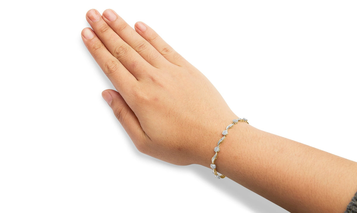 10K Yellow and White Gold 1.00 Cttw Round-Cut and Baguette-Cut Diamond Floral S-Link 7&quot; Bracelet (I-J Color, I1-I2 Clarity) - LinkagejewelrydesignLinkagejewelrydesign