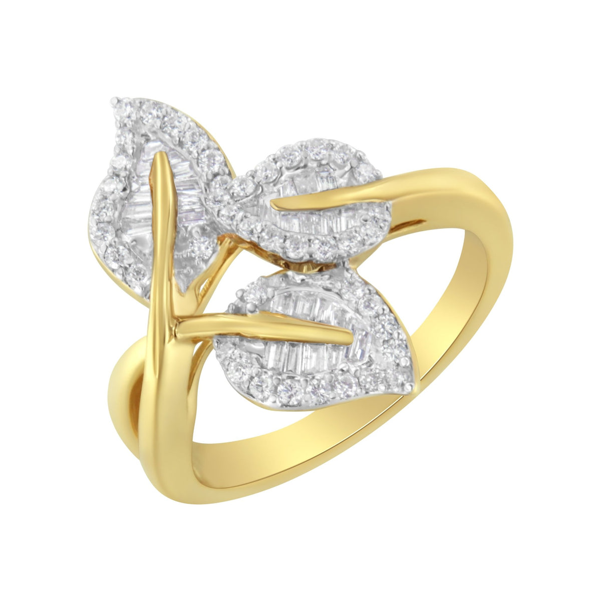 10k Yellow and White Gold 1/2 Cttw Baguette and Round Diamond Bypass Triple Leaf Ring (I-J Color, I1-I2 Clarity) - Size 7 - LinkagejewelrydesignLinkagejewelrydesign