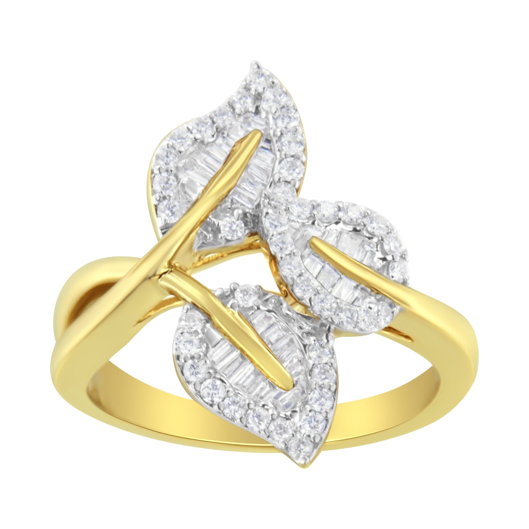 10k Yellow and White Gold 1/2 Cttw Baguette and Round Diamond Bypass Triple Leaf Ring (I-J Color, I1-I2 Clarity) - Size 7 - LinkagejewelrydesignLinkagejewelrydesign